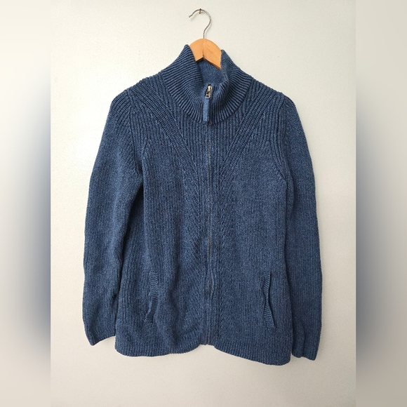 L.L Bean Womens Sweater Size Large Blue Full Zip Pockets Cotton - Picture 1 of 10